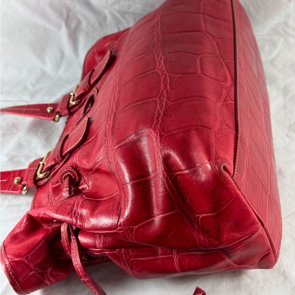 DOONEY AND BOURKE Red Leather Croc Embossed Drawstring Tote Satchel Shoulder Bag - Picture 14 of 15